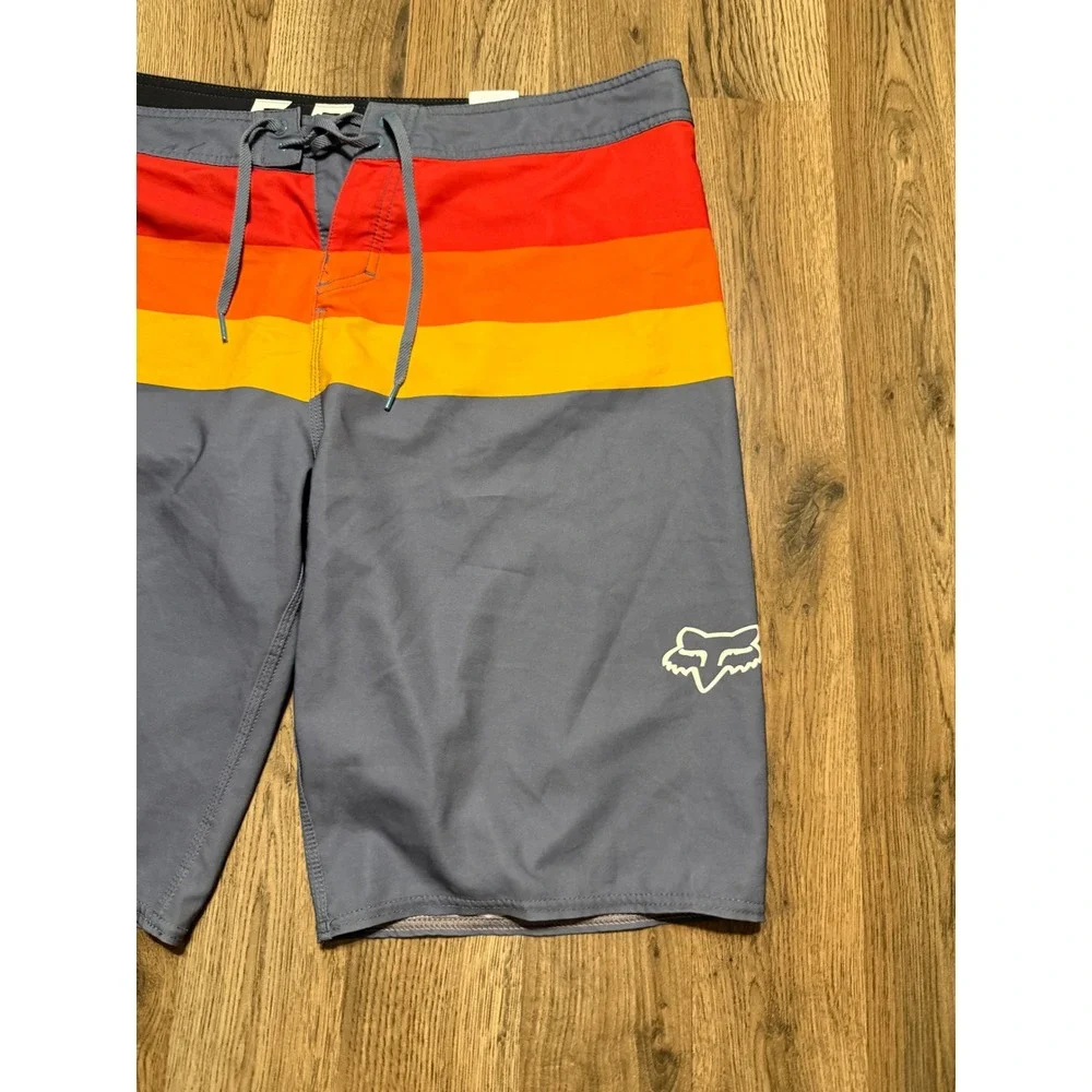 Fox Racing Board Shorts Mens Size 36 Blue Striped Swim Trunks Surf Retro Logo